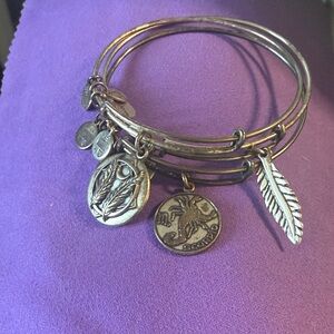 Alex and Ani Silver-Tone Charm Bangle Bracelet with Feather and Coin Charms